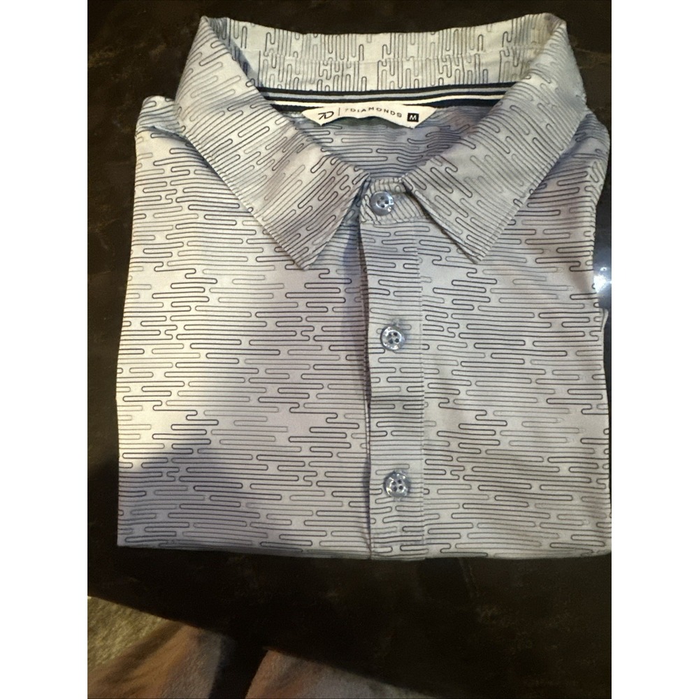 7 Diamonds Bay 4-Way Stretch Polo Shirt Mens SZ Medium Blue Geometric NWOT